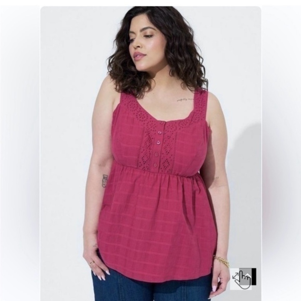 Torrid babydoll eyelet cotton window pane button front tank 2X